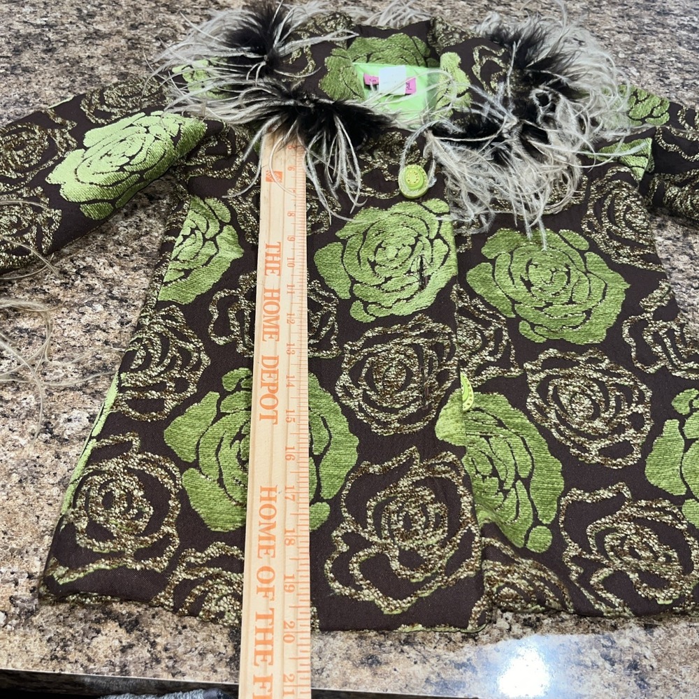 Leopard Daisy BEAUTIFUL Kids Brocade Floral Brown Green Coat Faux Feather Sz 4 - Picture 10 of 12